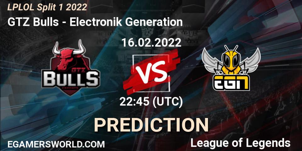Pronósticos GTZ Bulls - Electronik Generation. 16.02.2022 at 22:45. LPLOL Split 1 2022 - LoL