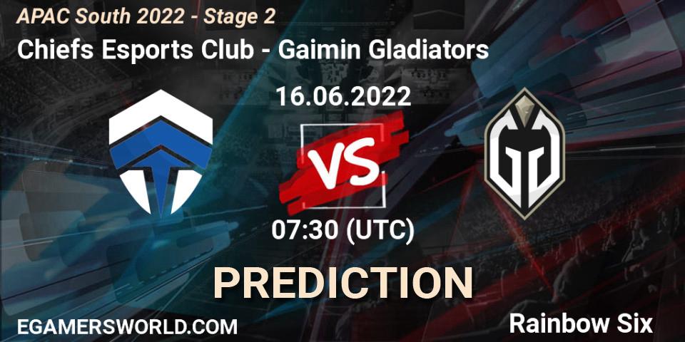 Pronósticos Chiefs Esports Club - Gaimin Gladiators. 16.06.2022 at 07:30. APAC South 2022 - Stage 2 - Rainbow Six