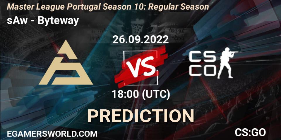 Pronósticos sAw - Byteway. 26.09.2022 at 18:00. Master League Portugal Season 10: Regular Season - Counter-Strike (CS2)