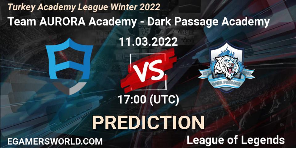 Pronósticos Team AURORA Academy - Dark Passage Academy. 11.03.2022 at 18:00. Turkey Academy League Winter 2022 - LoL