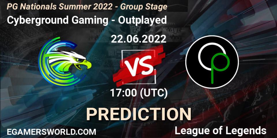 Pronósticos Cyberground Gaming - Outplayed. 22.06.2022 at 17:00. PG Nationals Summer 2022 - Group Stage - LoL