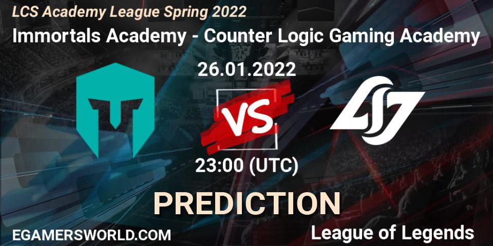 Pronósticos Immortals Academy - Counter Logic Gaming Academy. 26.01.2022 at 23:00. LCS Academy League Spring 2022 - LoL