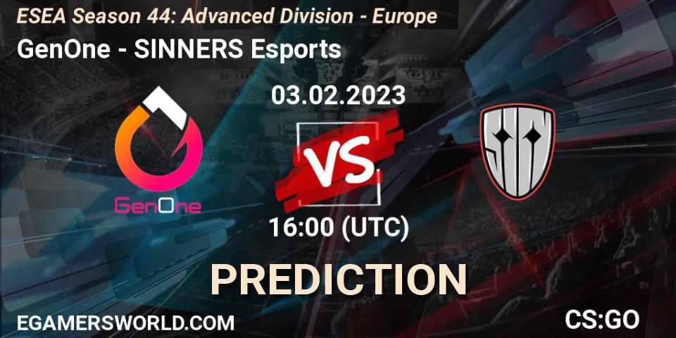 Pronósticos GenOne - SINNERS Esports. 03.02.23. ESEA Season 44: Advanced Division - Europe - CS2 (CS:GO)