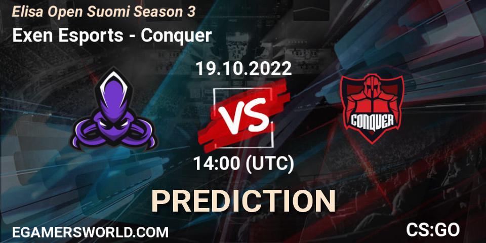 Pronósticos Exen Esports - Conquer. 19.10.2022 at 14:00. Elisa Open Suomi Season 3 - Counter-Strike (CS2)
