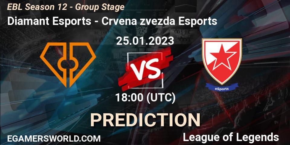 Pronósticos Diamant Esports - Crvena zvezda Esports. 25.01.2023 at 18:00. EBL Season 12 - Group Stage - LoL