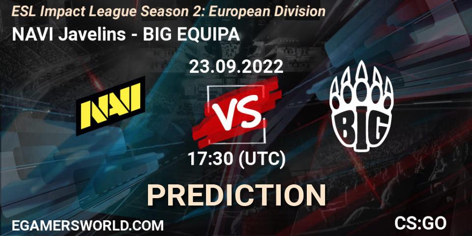 Pronósticos NAVI Javelins - BIG EQUIPA. 23.09.2022 at 17:30. ESL Impact League Season 2: European Division - Counter-Strike (CS2)