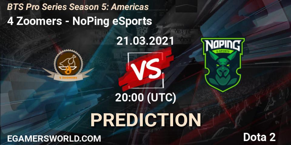 Pronósticos 4 Zoomers - NoPing eSports. 21.03.2021 at 20:00. BTS Pro Series Season 5: Americas - Dota 2