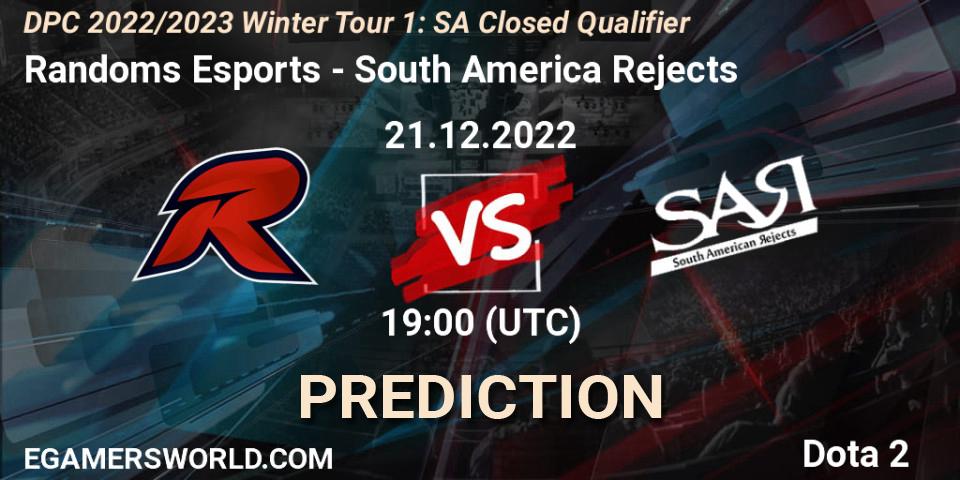 Pronósticos Randoms Esports - South America Rejects. 21.12.2022 at 19:01. DPC 2022/2023 Winter Tour 1: SA Closed Qualifier - Dota 2