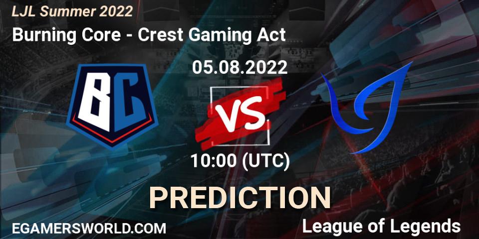 Pronósticos Burning Core - Crest Gaming Act. 05.08.2022 at 10:00. LJL Summer 2022 - LoL