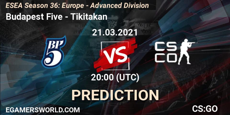 Pronósticos Budapest Five - Tikitakan. 21.03.2021 at 20:00. ESEA Season 36: Europe - Advanced Division - Counter-Strike (CS2)