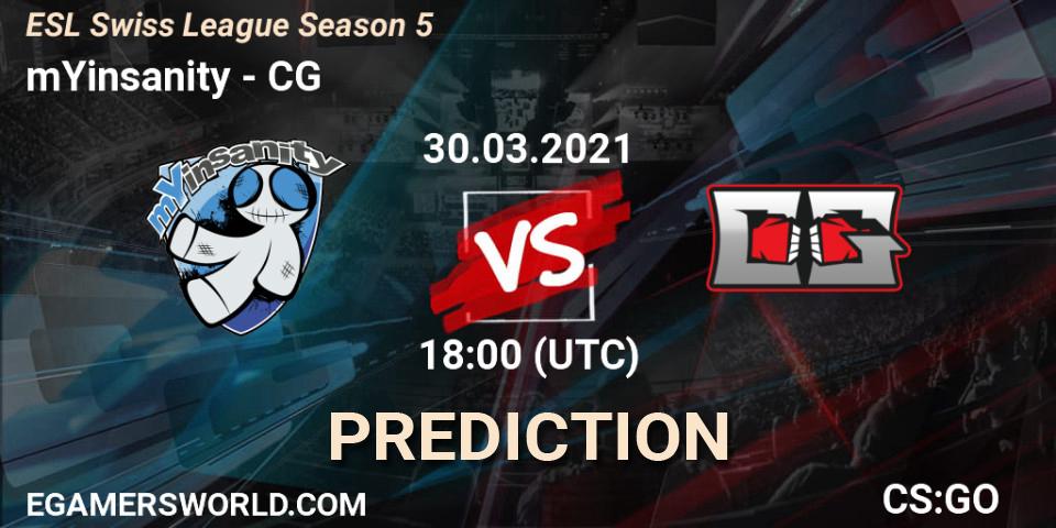 Pronósticos mYinsanity - CG. 30.03.2021 at 18:00. ESL Swiss League Season 5 - Counter-Strike (CS2)
