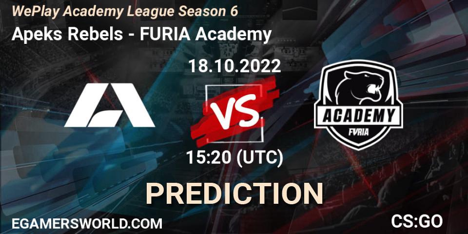 Pronósticos Apeks Rebels - FURIA Academy. 18.10.2022 at 15:50. WePlay Academy League Season 6 - Counter-Strike (CS2)