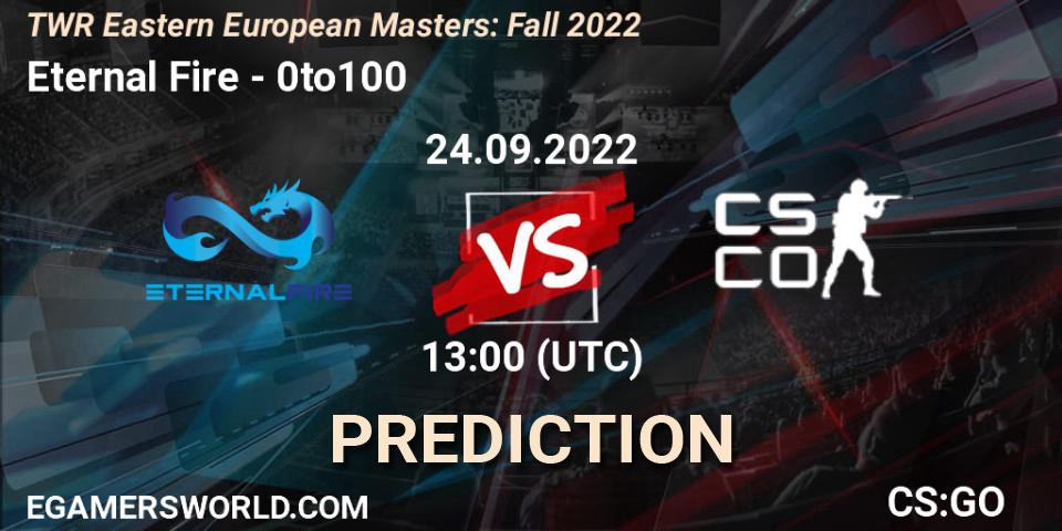 Pronósticos Eternal Fire - 0to100. 24.09.2022 at 17:30. TWR Eastern European Masters: Fall 2022 - Counter-Strike (CS2)