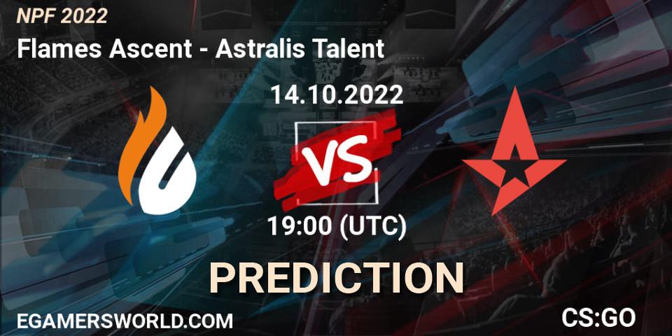 Pronósticos Flames Ascent - Astralis Talent. 14.10.2022 at 20:00. NPF 2022 - Counter-Strike (CS2)