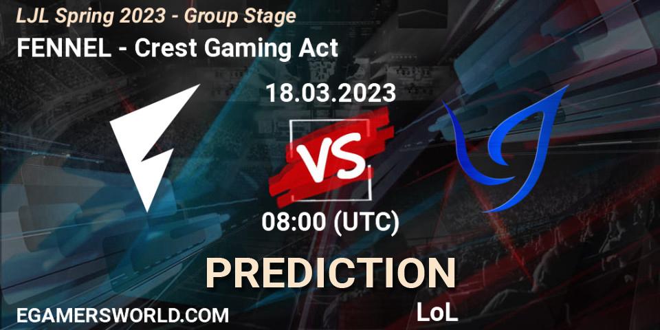 Pronósticos FENNEL - Crest Gaming Act. 18.03.2023 at 08:00. LJL Spring 2023 - Group Stage - LoL