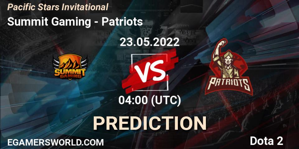 Pronósticos Summit Gaming - Patriots. 23.05.2022 at 05:00. Pacific Stars Invitational - Dota 2