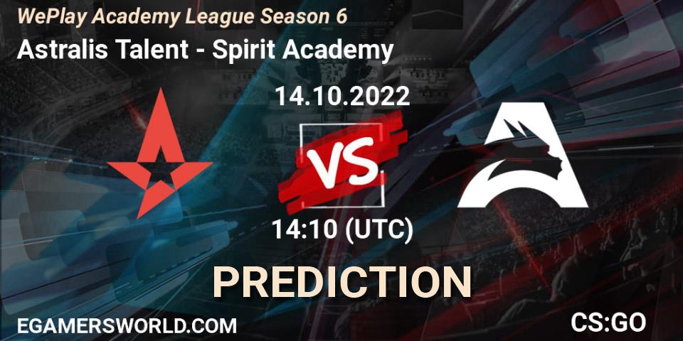 Pronósticos Astralis Talent - Spirit Academy. 14.10.2022 at 14:10. WePlay Academy League Season 6 - Counter-Strike (CS2)