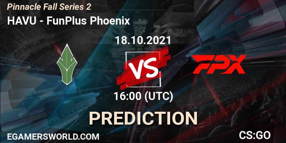 Pronósticos HAVU - FunPlus Phoenix. 18.10.2021 at 16:00. Pinnacle Fall Series #2 - Counter-Strike (CS2)