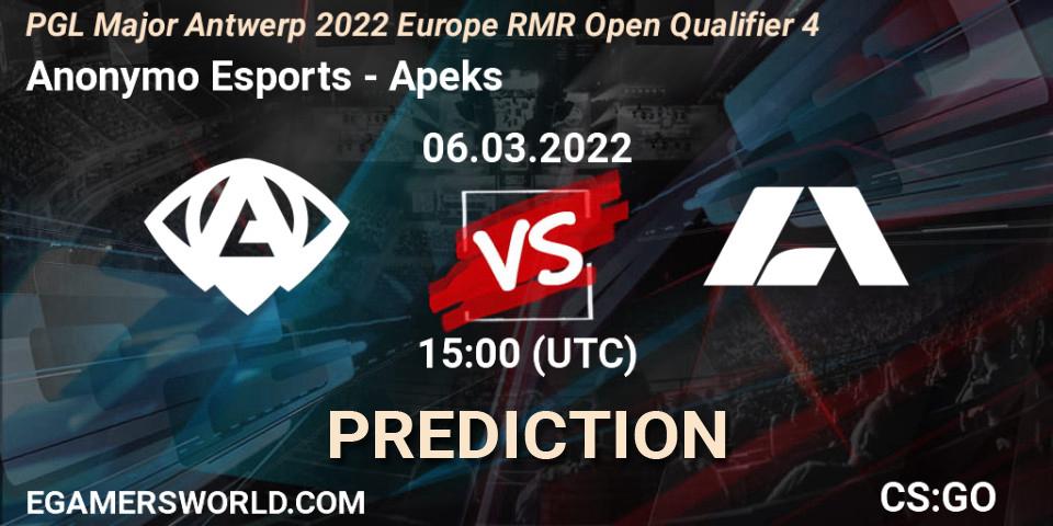 Pronósticos Anonymo Esports - Apeks. 06.03.22. PGL Major Antwerp 2022 Europe RMR Open Qualifier 4 - CS2 (CS:GO)