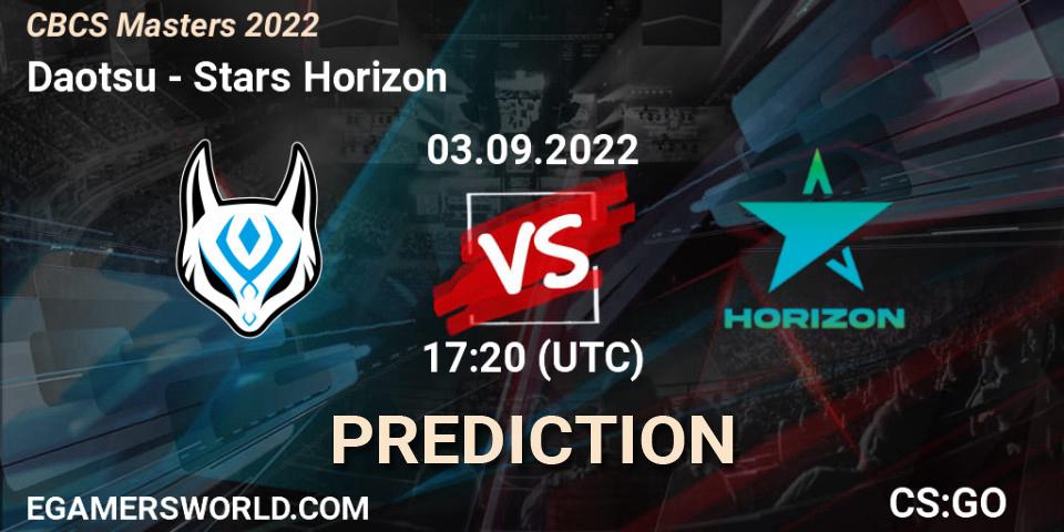 Pronósticos Daotsu - Stars Horizon. 03.09.2022 at 17:20. CBCS Masters 2022 - Counter-Strike (CS2)