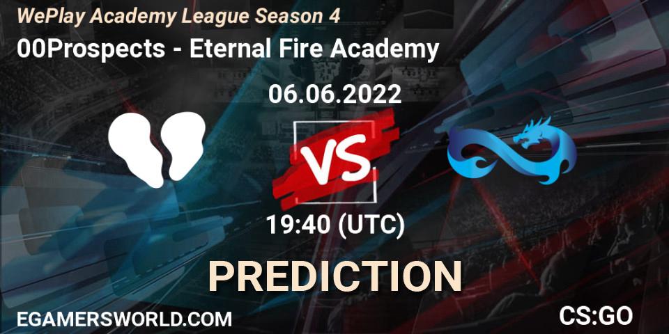 Pronósticos 00Prospects - Eternal Fire Academy. 06.06.2022 at 19:40. WePlay Academy League Season 4 - Counter-Strike (CS2)