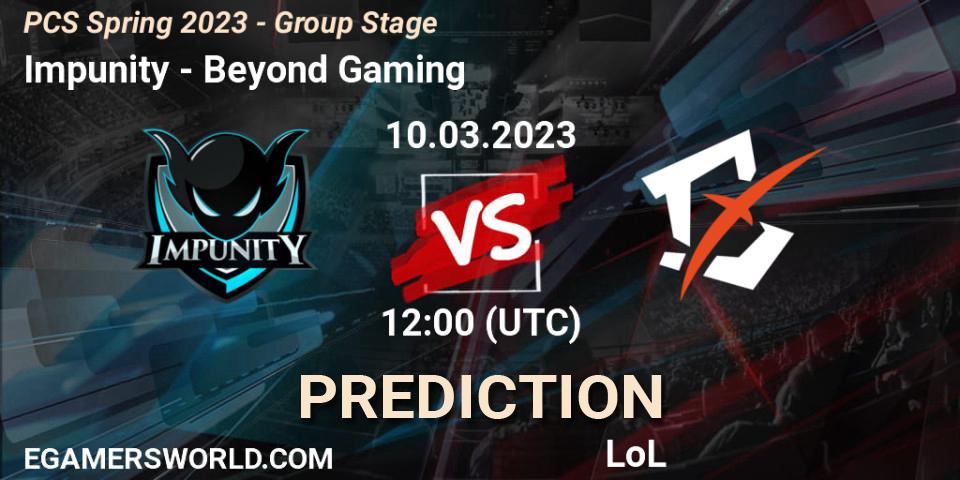 Pronósticos Impunity - Beyond Gaming. 18.02.2023 at 09:00. PCS Spring 2023 - Group Stage - LoL