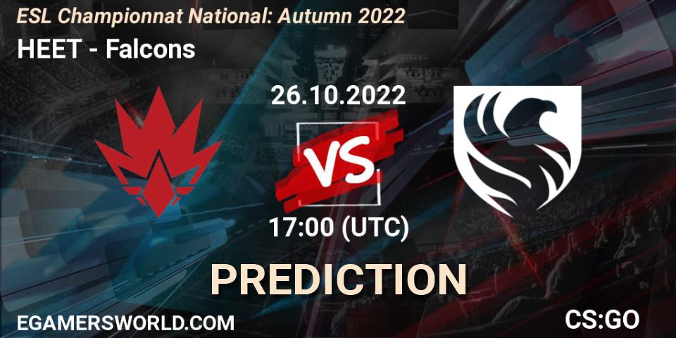 Pronósticos HEET - Falcons. 26.10.2022 at 17:00. ESL Championnat National: Autumn 2022 - Counter-Strike (CS2)