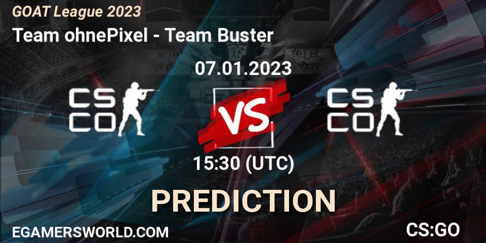 Pronósticos Team ohnePixel - Team Buster. 07.01.2023 at 15:35. GOAT League 2023 - Counter-Strike (CS2)