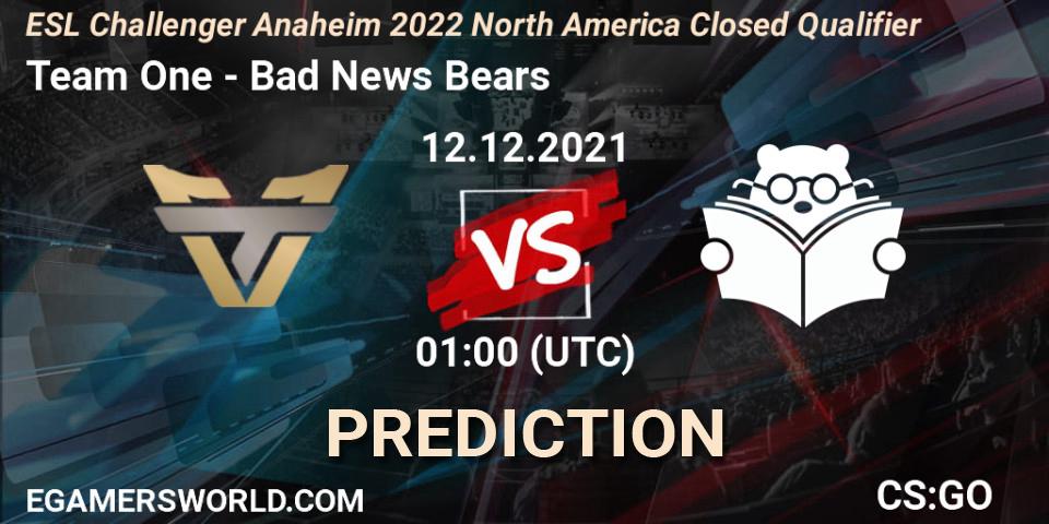 Pronósticos Team One - Bad News Bears. 12.12.2021 at 01:00. ESL Challenger Anaheim 2022 North America Closed Qualifier - Counter-Strike (CS2)