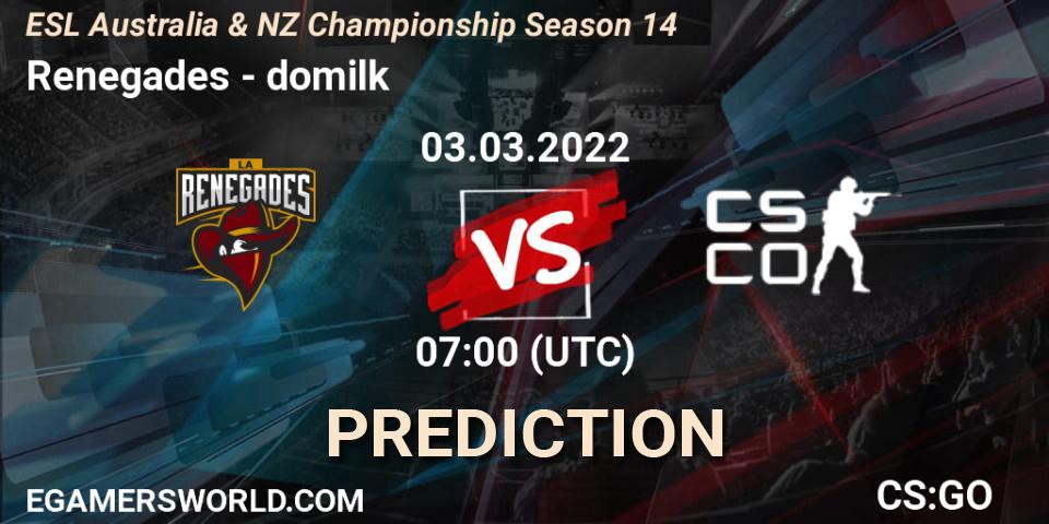 Pronósticos Renegades - DoMilk. 03.03.2022 at 07:00. ESL ANZ Champs Season 14 - Counter-Strike (CS2)