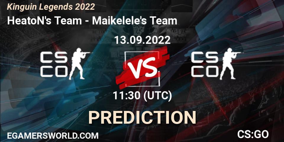 Pronósticos HeatoN's Team - Maikelele's Team. 13.09.2022 at 11:00. Kinguin Legends 2022 - Counter-Strike (CS2)