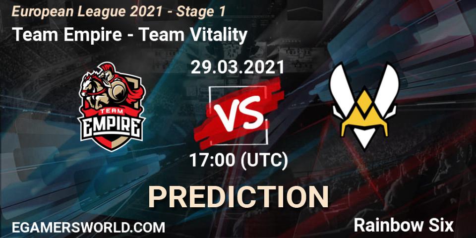 Pronósticos Team Empire - Team Vitality. 29.03.2021 at 17:15. European League 2021 - Stage 1 - Rainbow Six