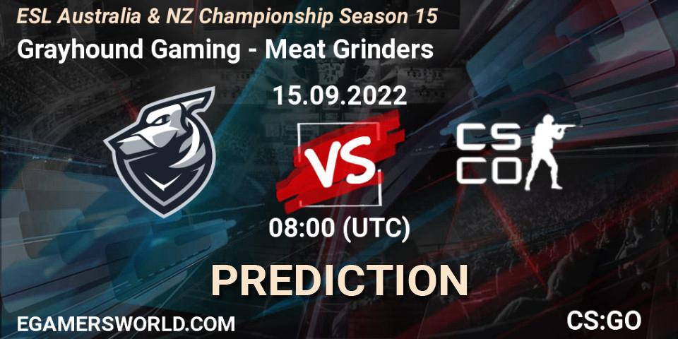 Pronósticos Grayhound Gaming - Meat Grinders. 15.09.2022 at 08:00. ESL ANZ Champs Season 15 - Counter-Strike (CS2)