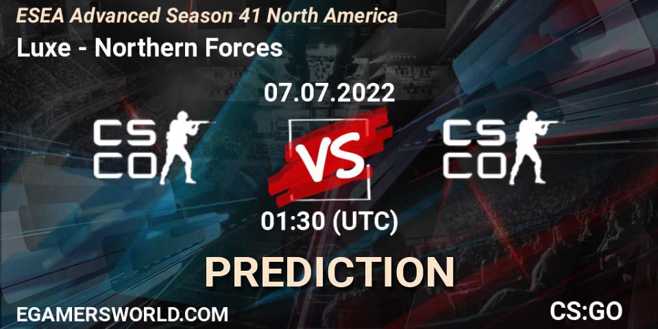 Pronósticos Luxe - Northern Forces. 06.07.2022 at 01:00. ESEA Advanced Season 41 North America - Counter-Strike (CS2)