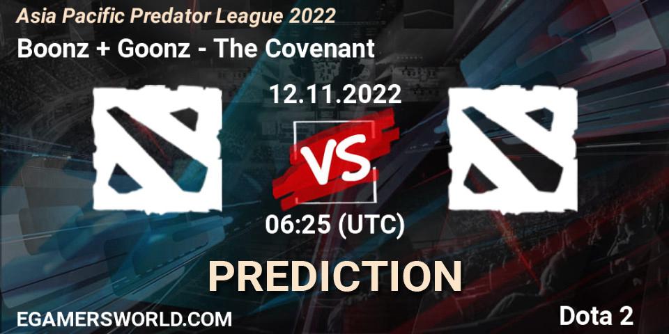 Pronósticos Boonz + Goonz - The Covenant. 12.11.2022 at 06:25. Asia Pacific Predator League 2022 - Dota 2