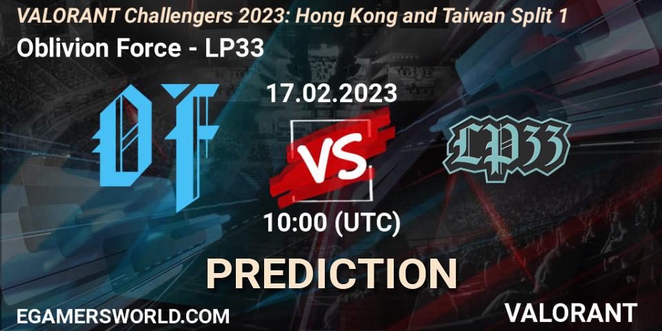 Pronósticos Oblivion Force - LP33. 17.02.2023 at 10:00. VALORANT Challengers 2023: Hong Kong and Taiwan Split 1 - VALORANT