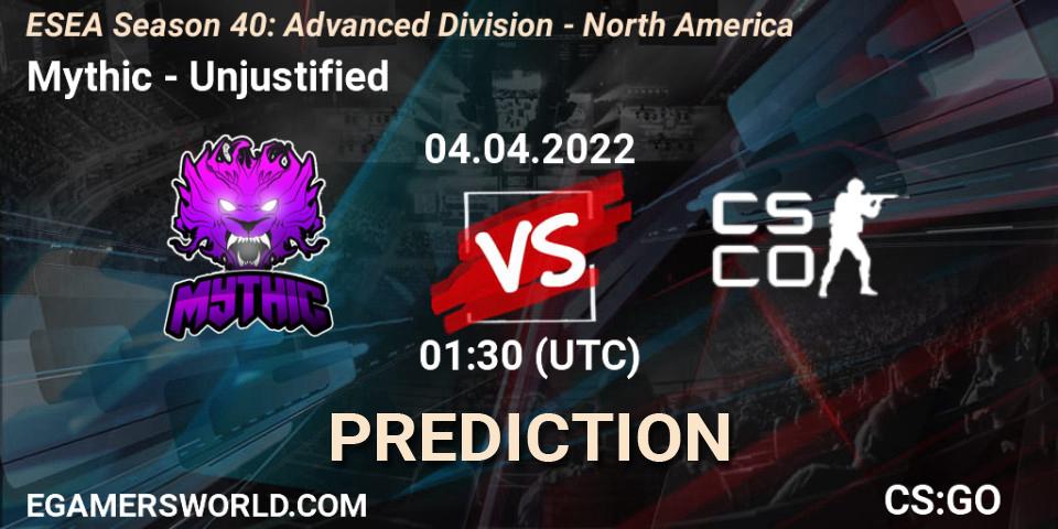 Pronósticos Mythic - Unjustified. 04.04.2022 at 00:00. ESEA Season 40: Advanced Division - North America - Counter-Strike (CS2)