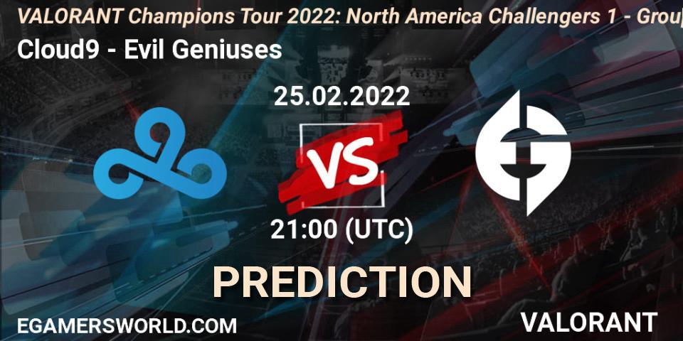Pronósticos Cloud9 - Evil Geniuses. 25.02.2022 at 21:15. VCT 2022: North America Challengers 1 - Group Stage - VALORANT