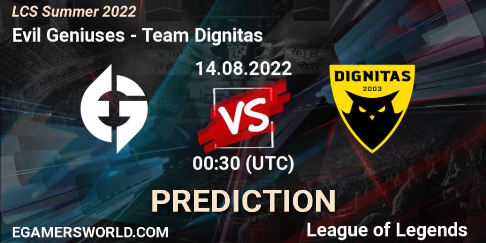 Pronósticos Evil Geniuses - Team Dignitas. 14.08.2022 at 00:30. LCS Summer 2022 - LoL