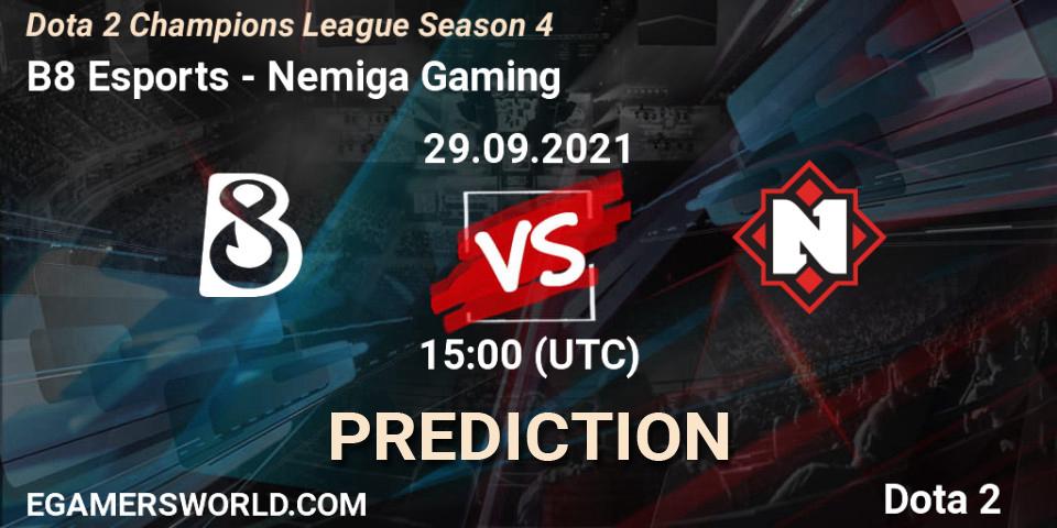 Pronósticos B8 Esports - Nemiga Gaming. 29.09.2021 at 15:01. Dota 2 Champions League Season 4 - Dota 2