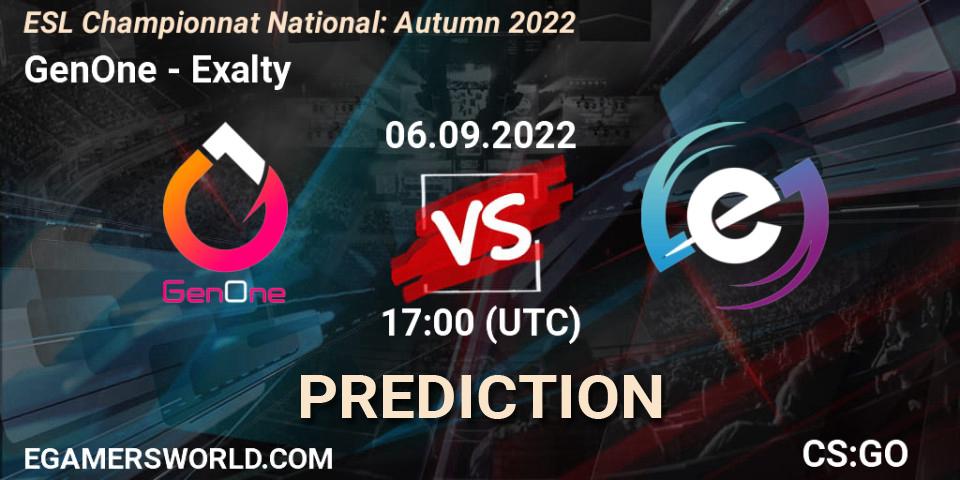 Pronósticos GenOne - Exalty. 06.09.2022 at 17:00. ESL Championnat National: Autumn 2022 - Counter-Strike (CS2)
