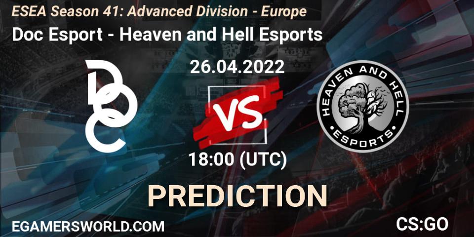 Pronósticos Doc Esport - Heaven and Hell Esports. 26.04.2022 at 18:00. ESEA Season 41: Advanced Division - Europe - Counter-Strike (CS2)