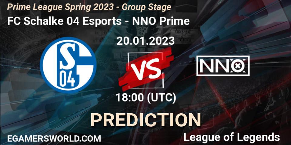 Pronósticos FC Schalke 04 Esports - NNO Prime. 20.01.2023 at 21:00. Prime League Spring 2023 - Group Stage - LoL