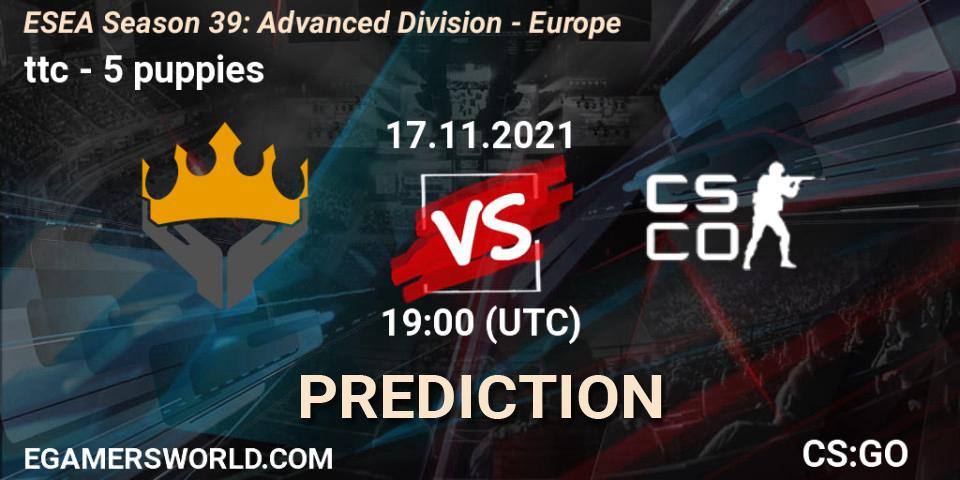 Pronósticos ttc - 5 puppies. 17.11.2021 at 19:00. ESEA Season 39: Advanced Division - Europe - Counter-Strike (CS2)
