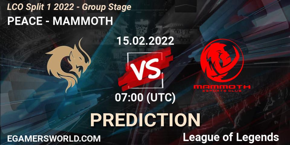 Pronósticos PEACE - MAMMOTH. 15.02.2022 at 07:00. LCO Split 1 2022 - Group Stage - LoL