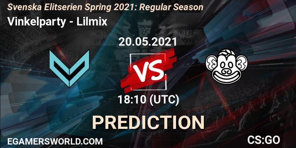Pronósticos Vinkelparty - Lilmix. 20.05.2021 at 18:10. Svenska Elitserien Spring 2021: Regular Season - Counter-Strike (CS2)