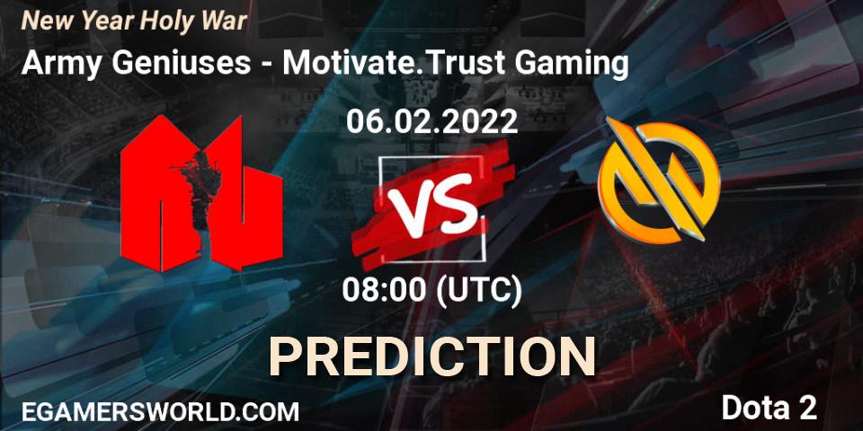 Pronósticos Army Geniuses - Motivate.Trust Gaming. 06.02.2022 at 08:27. New Year Holy War - Dota 2