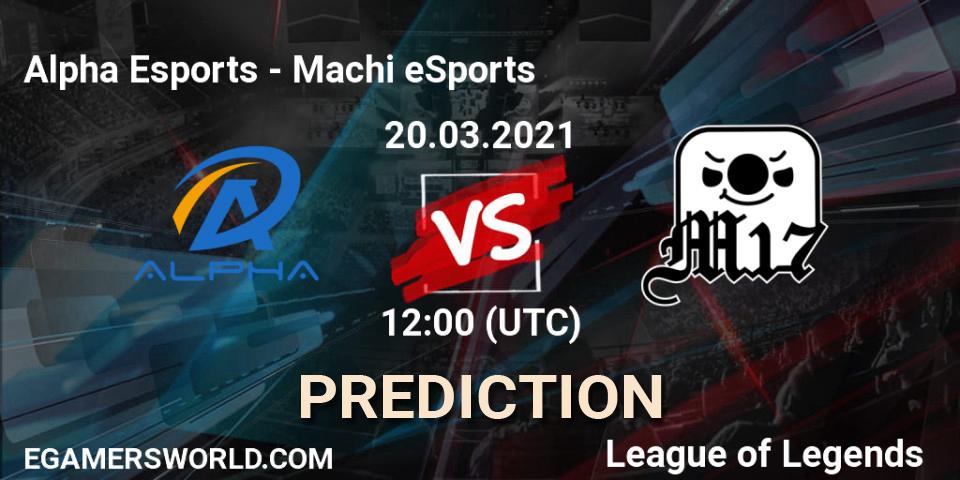 Pronósticos Alpha Esports - Machi eSports. 20.03.2021 at 12:00. PCS Spring 2021 - Group Stage - LoL