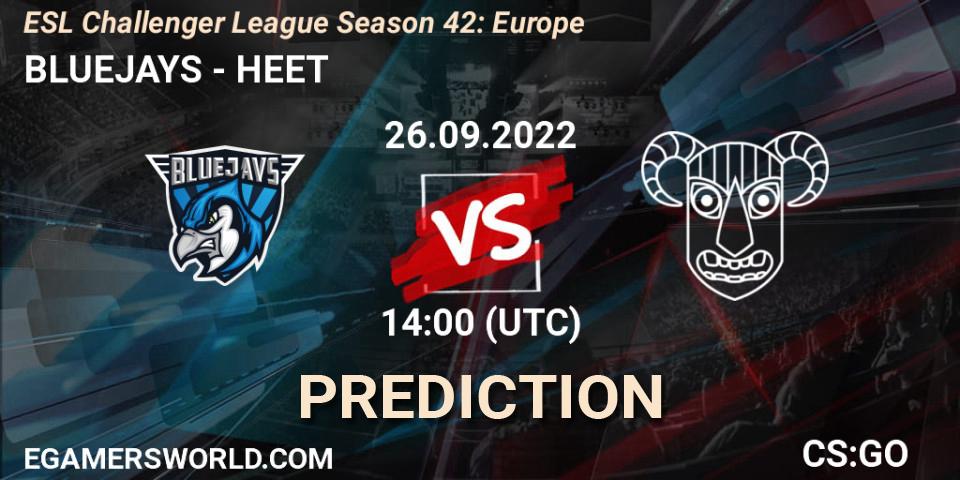 Pronósticos BLUEJAYS - HEET. 26.09.2022 at 14:00. ESL Challenger League Season 42: Europe - Counter-Strike (CS2)