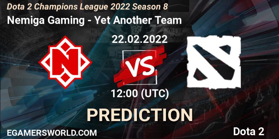 Pronósticos Nemiga Gaming - Yet Another Team. 22.02.2022 at 12:00. Dota 2 Champions League 2022 Season 8 - Dota 2